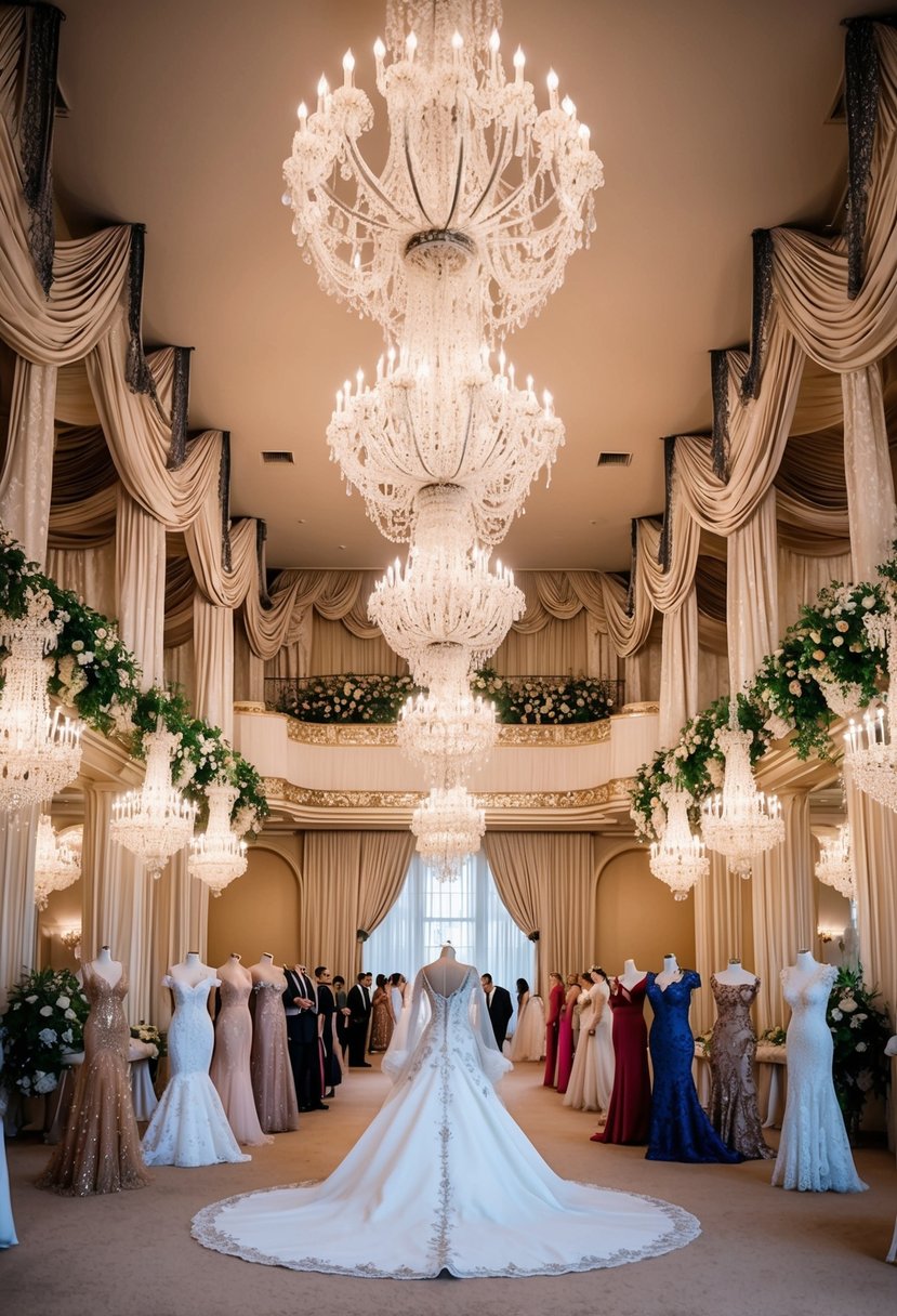 A grand ballroom with opulent chandeliers, draped in luxurious fabrics and adorned with intricate lace and beading, showcasing various royal wedding dress ideas