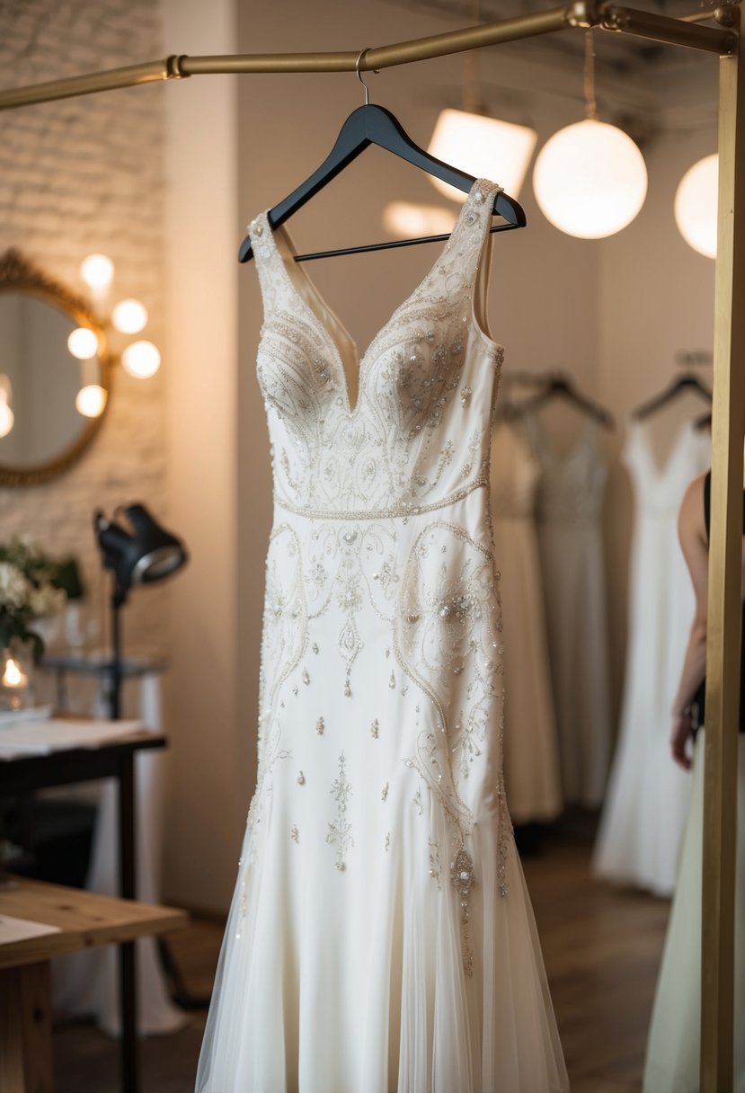 A vintage-inspired wedding dress with sequin accents and intricate embroidery, hanging on a dress form in a softly lit atelier