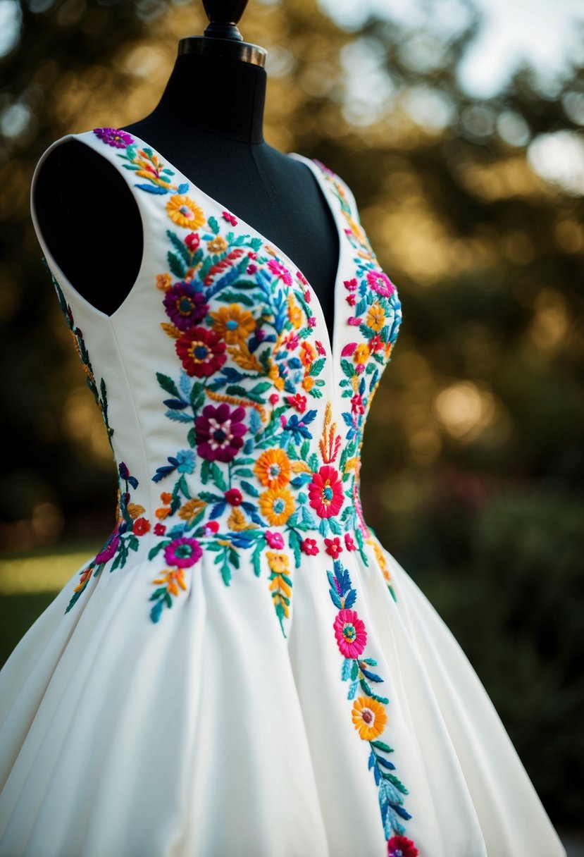 A white wedding dress with vibrant multicolored thread embroidery