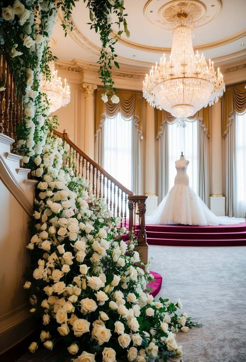 A regal ballroom with opulent chandeliers, adorned with cascading white roses and lilies, and a grand staircase leading to a majestic bridal gown display