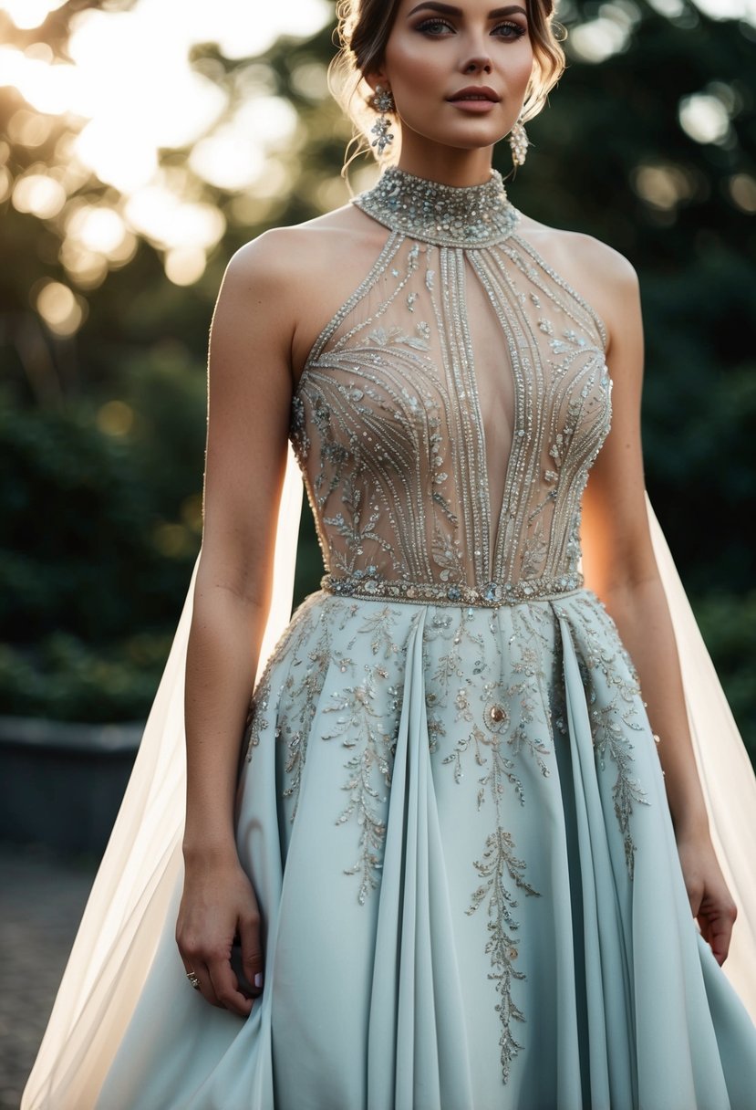 A high-neck gown with intricate beaded bodice embroidery, cascading down the flowing skirt