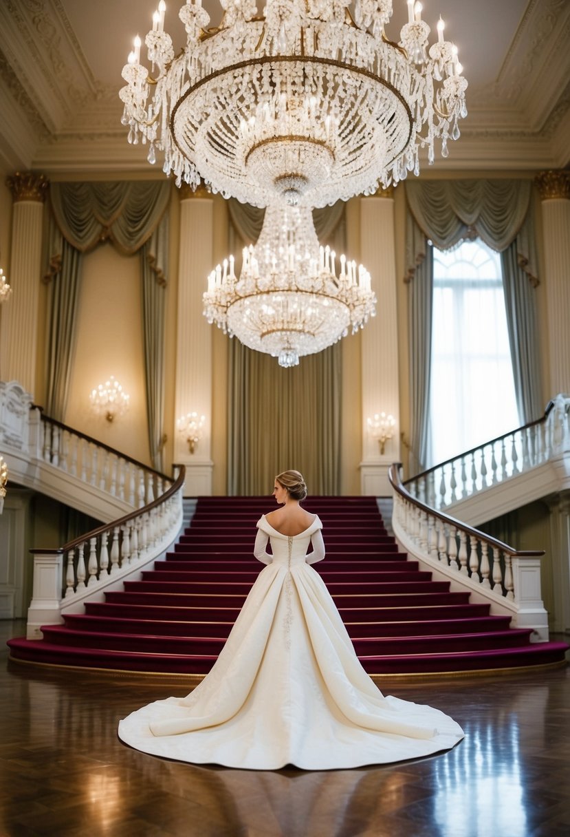 A grand ballroom with a grand staircase and chandeliers, showcasing Princess Diana's iconic meringue gown