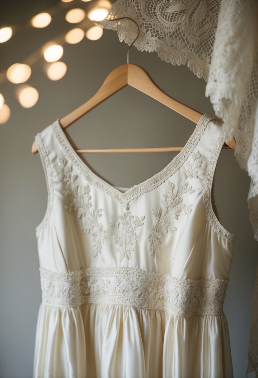 A simple silk dress with intricate embroidery hangs on a hanger, surrounded by soft lighting and a hint of lace