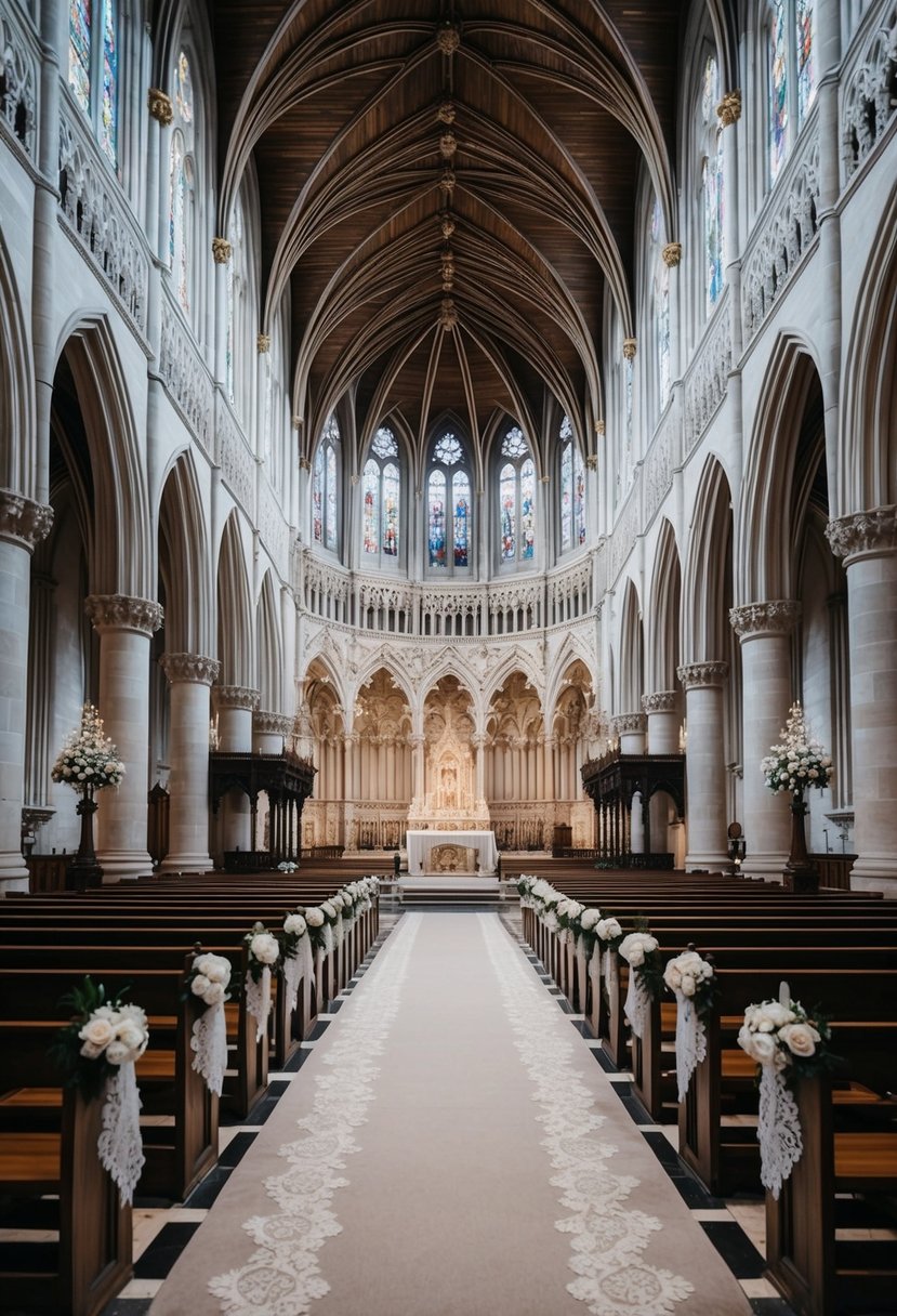 A grand cathedral with intricate lace patterns adorning the aisle and altar, inspired by Kate Middleton's royal wedding dress