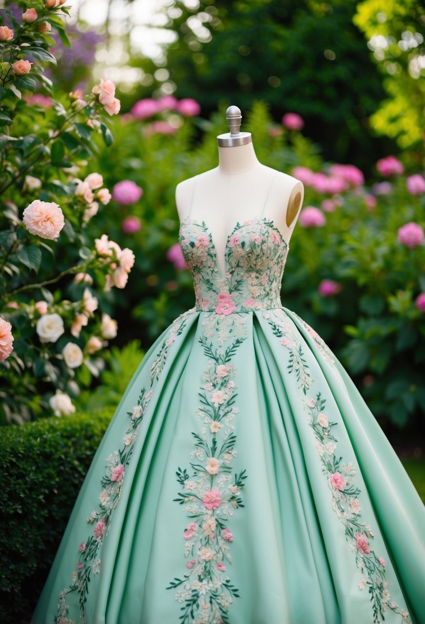 A garden-themed gown adorned with intricate floral embroidery, set against a backdrop of blooming flowers and lush greenery