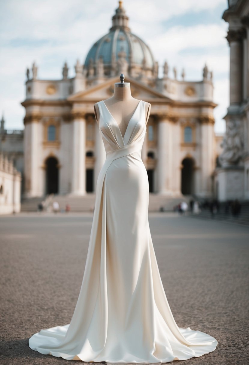 A flowing silk dress in a minimalist style, with clean lines and elegant draping, set against a regal backdrop of a grand cathedral or palace