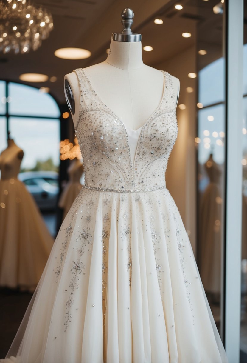 An off-white dress with shimmering rhinestone embroidery cascades down a mannequin, catching the light in a bridal boutique window