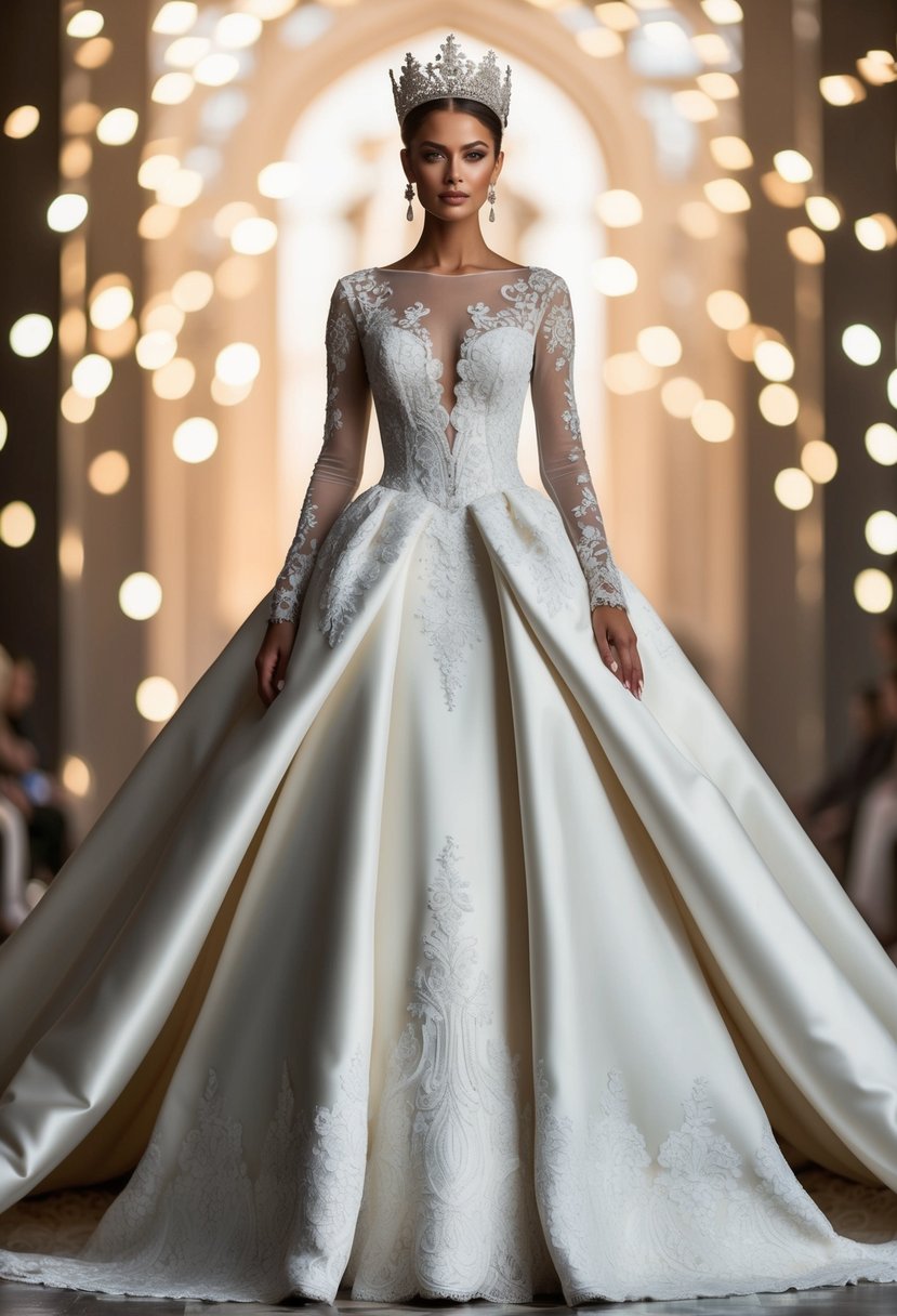 A regal, long-sleeved, full-skirted wedding dress design fit for a queen, with intricate lace detailing and a flowing train