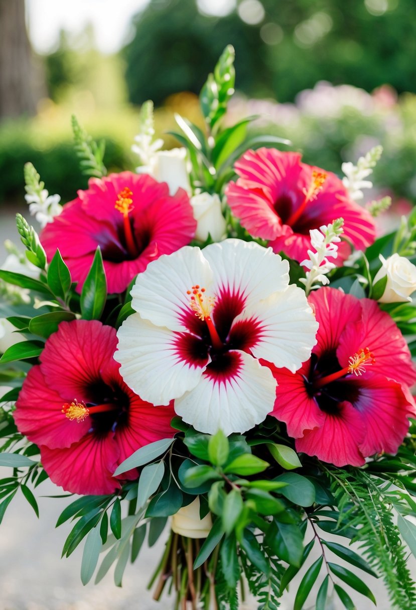 A vibrant hibiscus wedding bouquet with lush greenery and delicate white accents