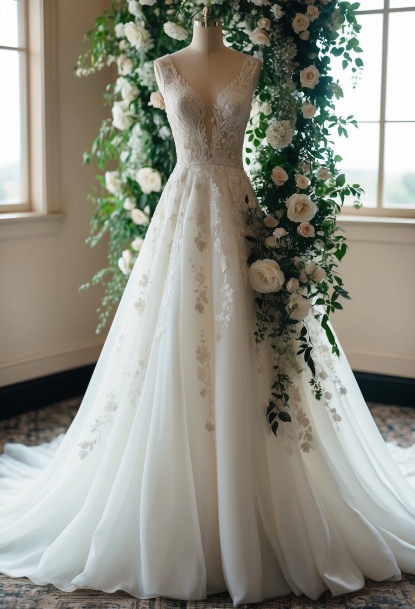 A flowing wedding dress adorned with cascading floral patterns, creating a timeless and elegant look