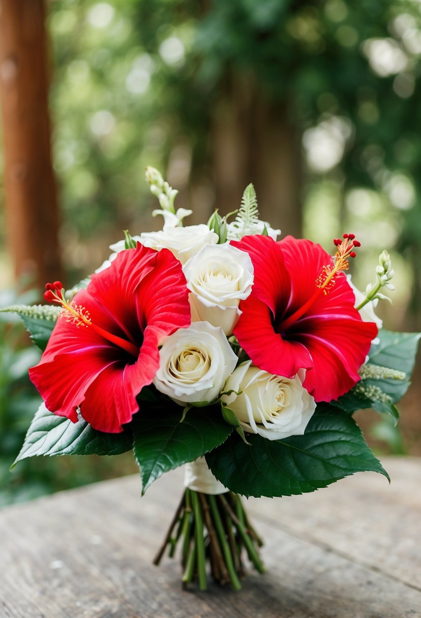 A vibrant red hibiscus and white roses wedding bouquet in a rustic, outdoor setting with soft natural lighting