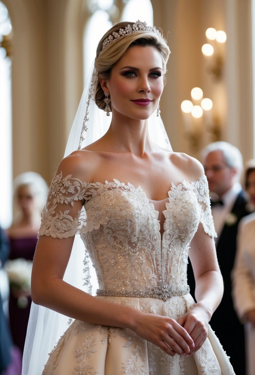 Princess Charlene's gown features a modern off-the-shoulder design with intricate lace and sparkling embellishments, creating a regal and elegant silhouette