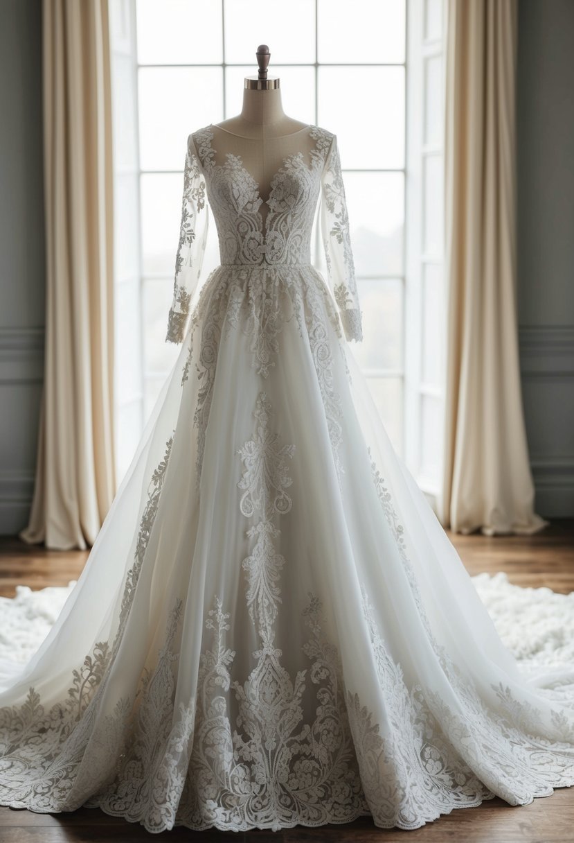 A full-sleeve gown with intricate lace and embroidery cascading down the skirt, creating a stunning wedding dress design