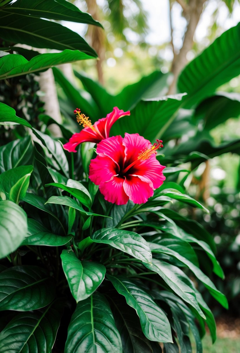 Lush tropical foliage surrounds a vibrant hibiscus bouquet, with pops of red and pink against the greenery