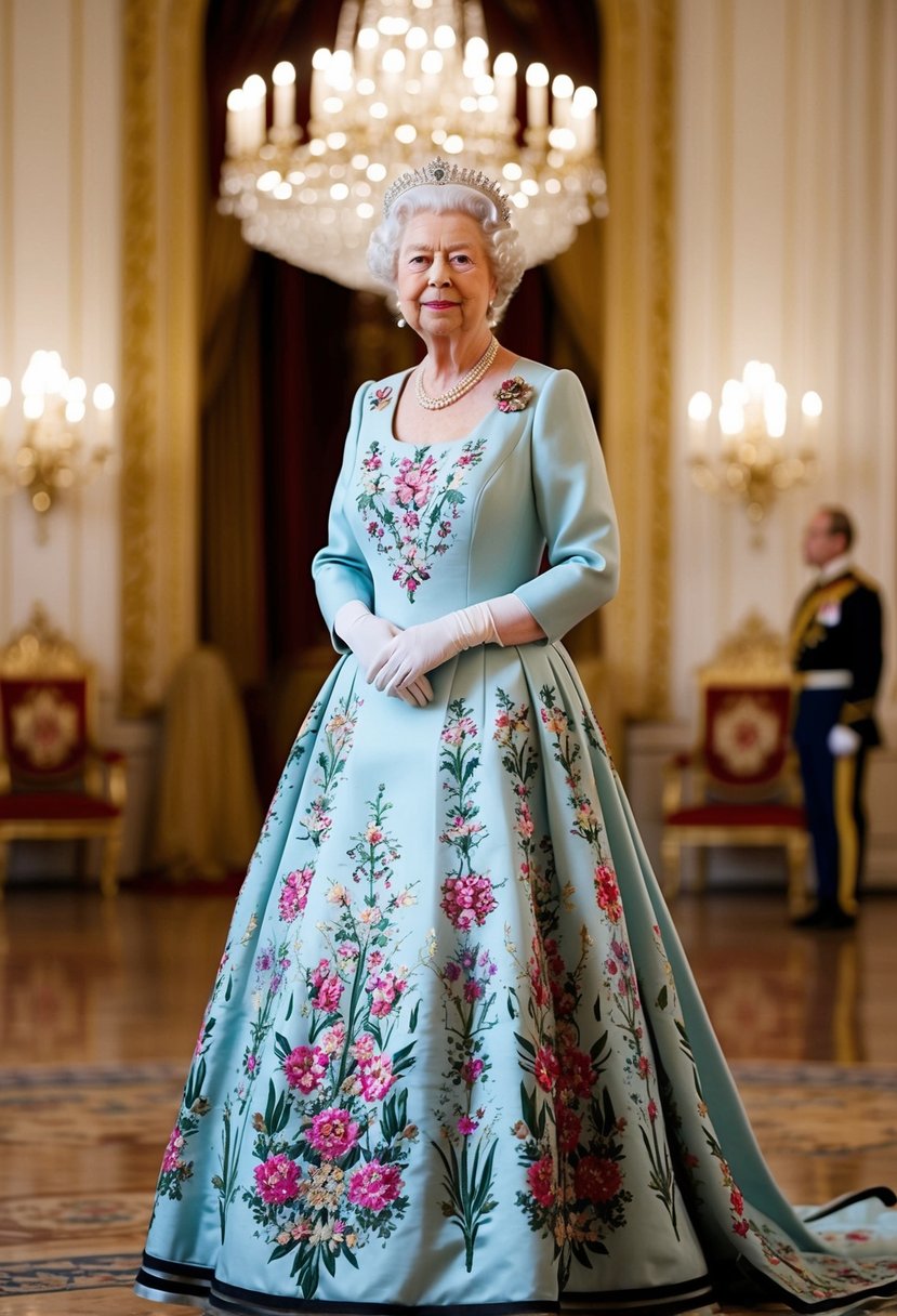 Queen Elizabeth II's vintage dress adorned with intricate floral motifs, set against a regal backdrop of a grand ballroom with opulent chandeliers and ornate furnishings