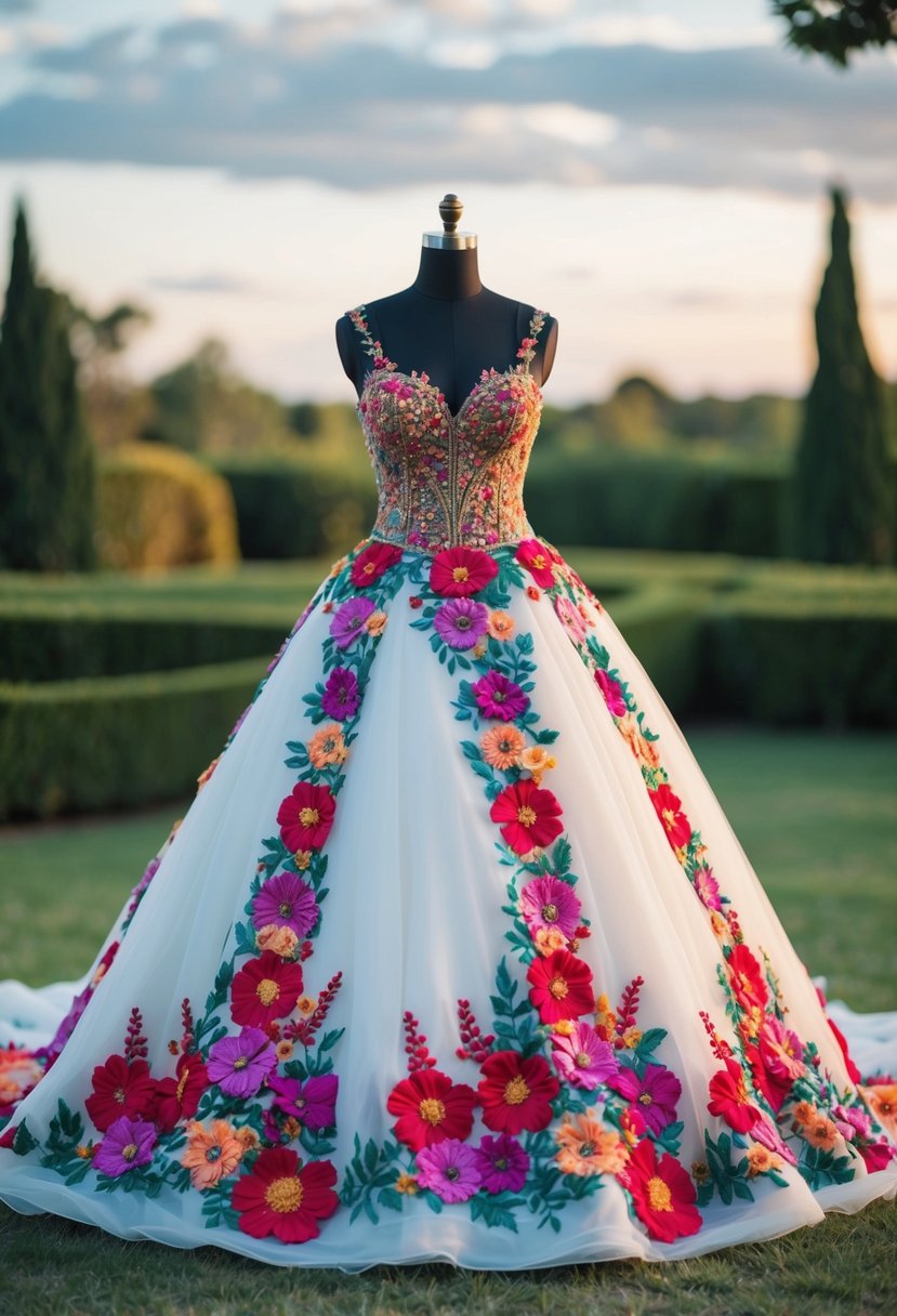 A ball gown adorned with vibrant embroidered blooms cascading down the bodice and skirt, creating a stunning wedding dress design