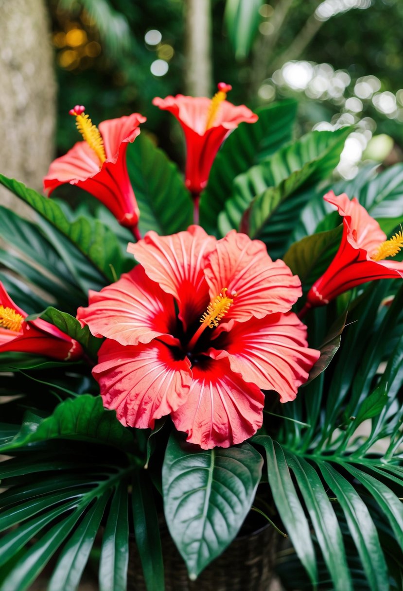 A vibrant silk hibiscus bouquet surrounded by lush tropical foliage