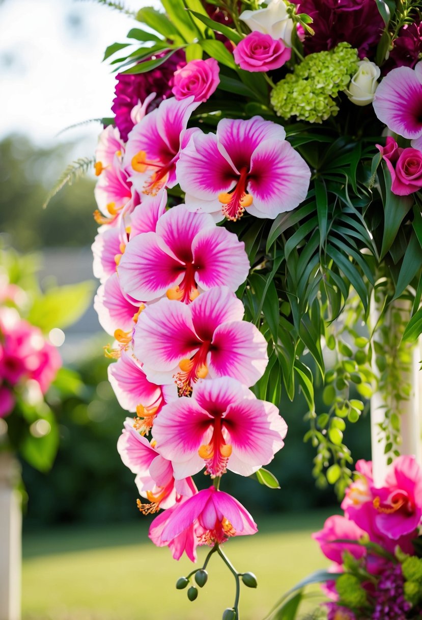 A vibrant cascade of hibiscus and orchids in a wedding bouquet, with delicate petals and lush greenery