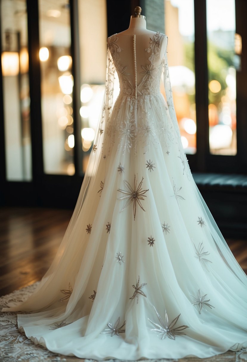 A flowing wedding dress with sheer overlay and intricate embroidered star motifs