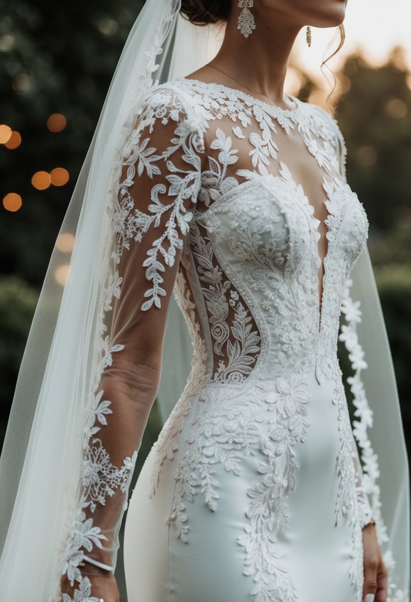 A fitted wedding dress adorned with intricate lace embroidery