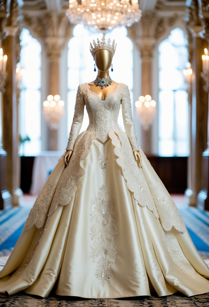 An opulent off-white satin gown adorned with intricate lace and sparkling jewels, fit for a royal wedding