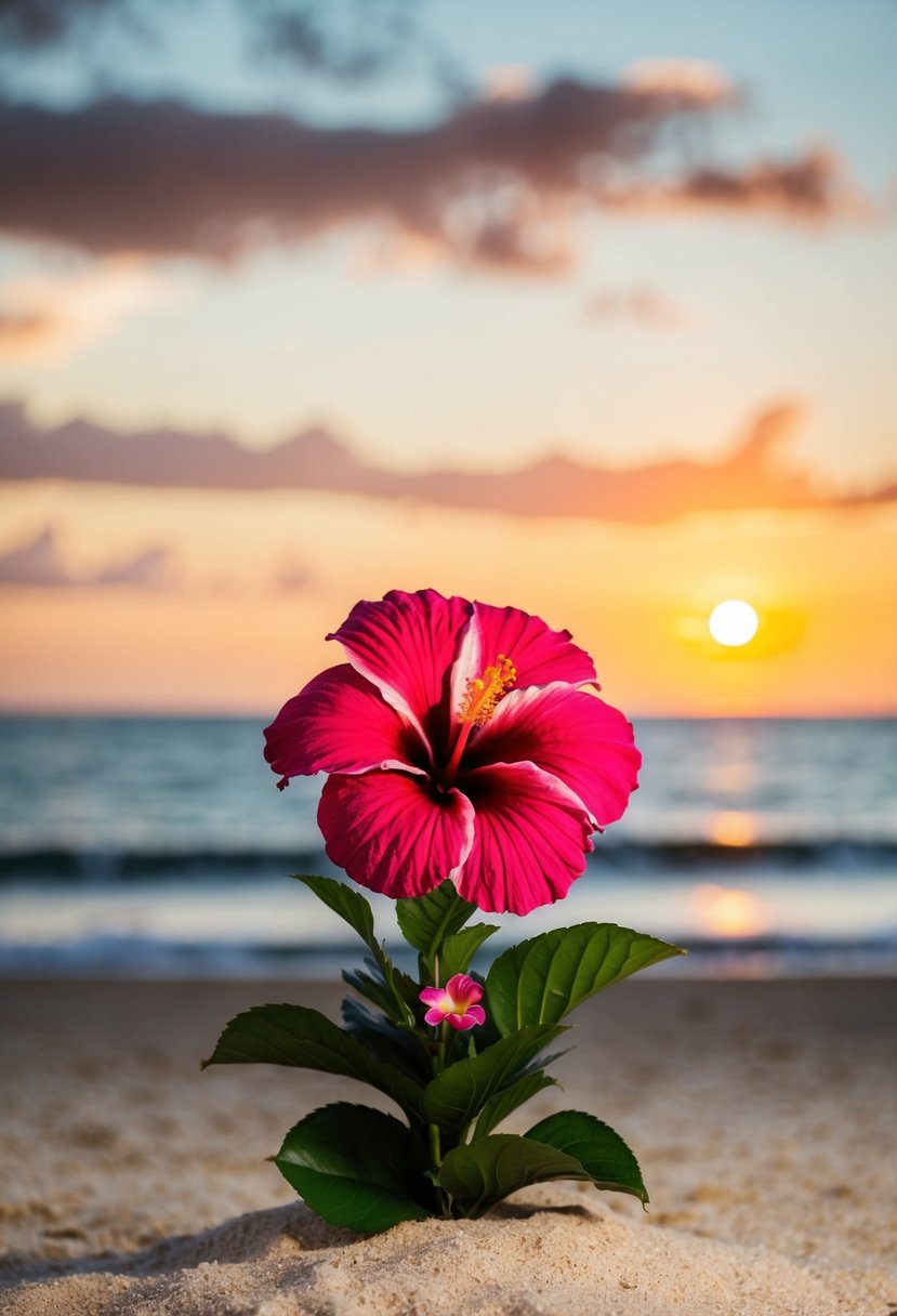 A hibiscus arrangement sits on a sandy beach at sunset, with the ocean in the background