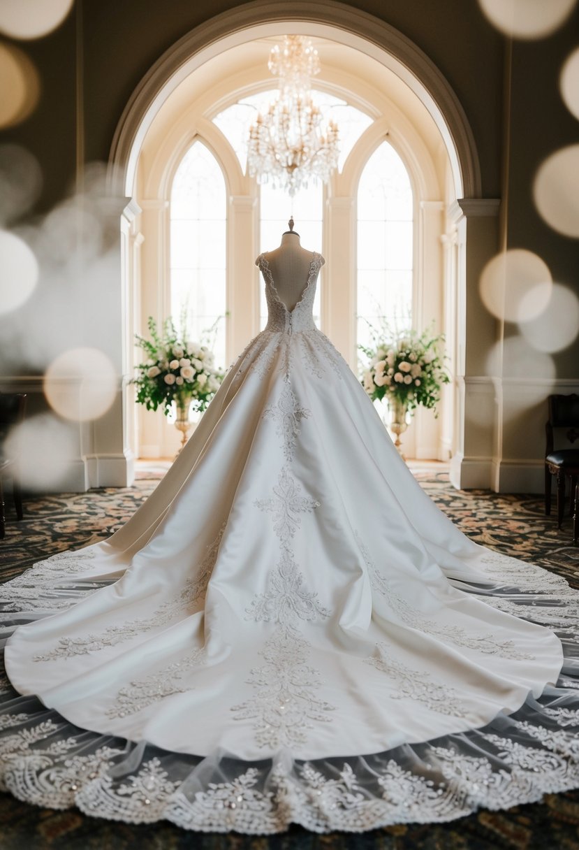 A grand 25-foot train billows behind a regal wedding dress, adorned with intricate lace and sparkling embellishments