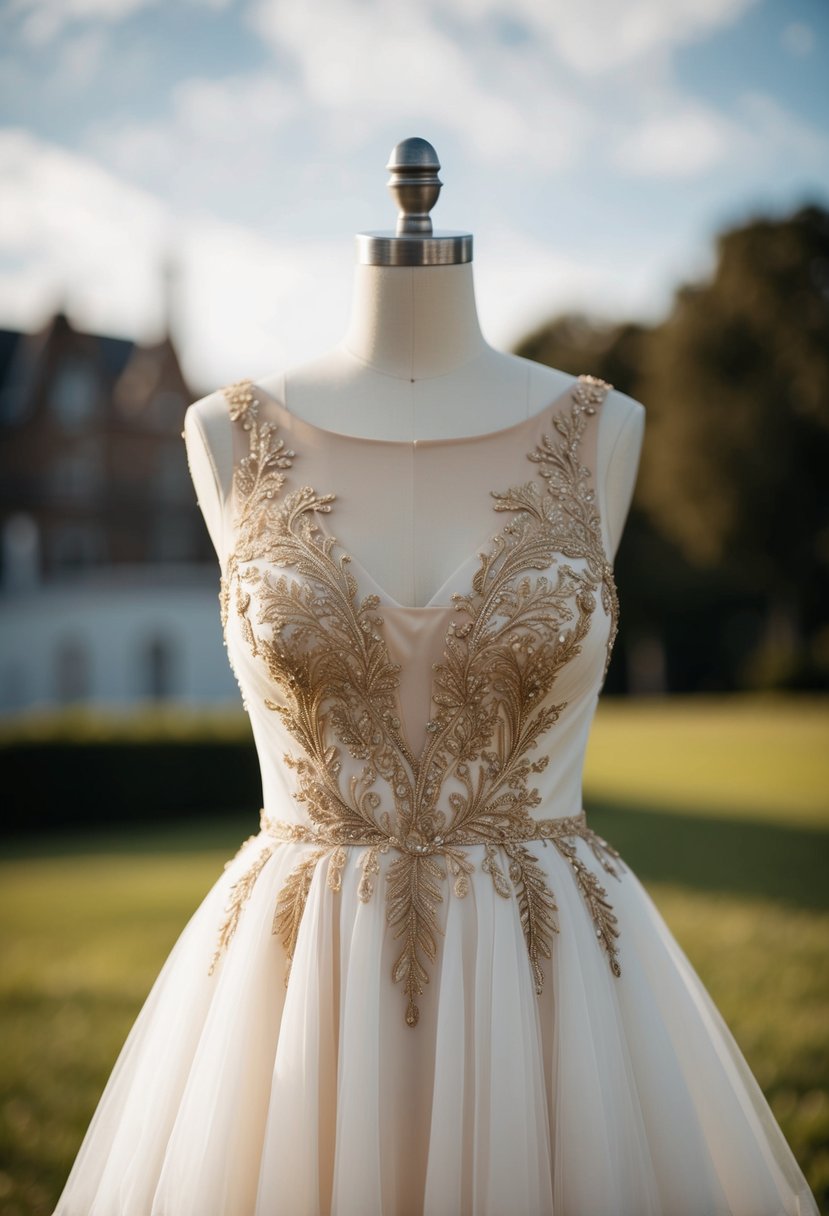 A flowing ivory wedding dress with intricate gold embroidery cascading down the illusion neckline