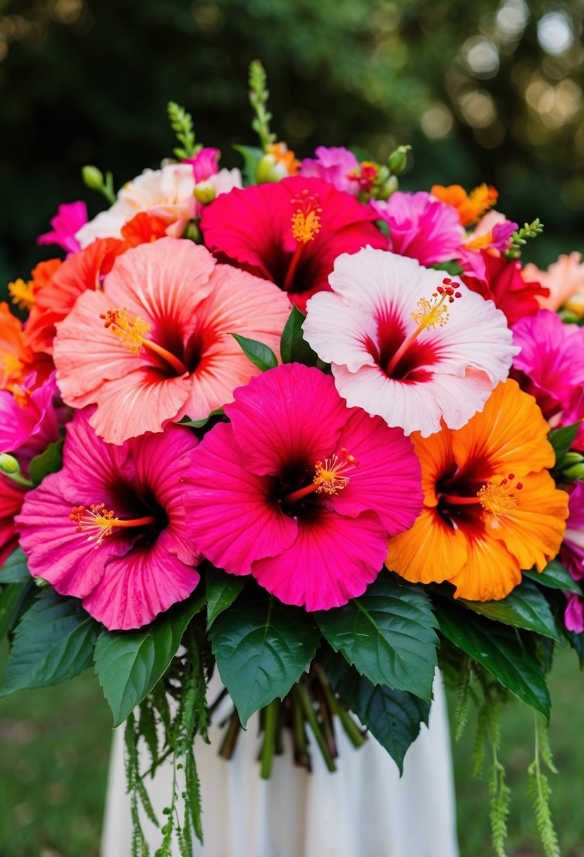 A vibrant watercolor hibiscus bouquet, featuring various shades of pink, red, and orange, arranged in a lush, cascading style