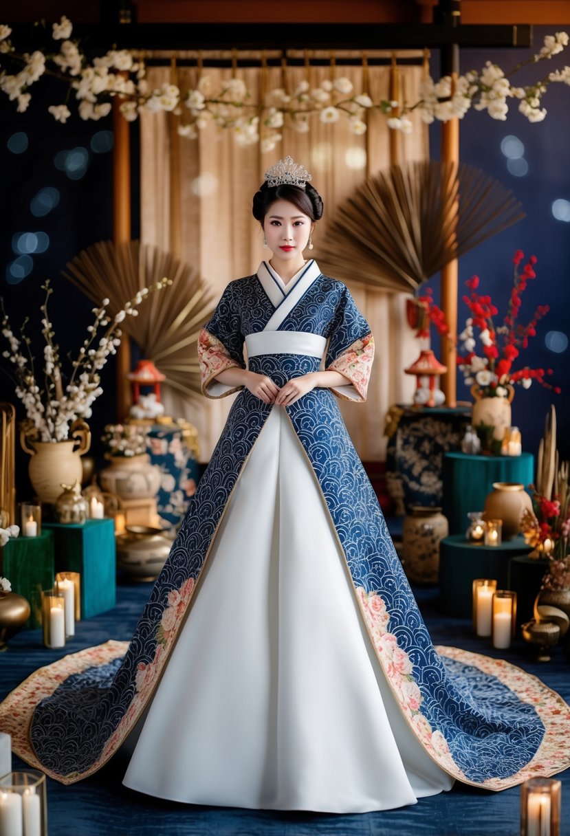 A princess in a modern gown adorned with traditional Japanese patterns, surrounded by a mix of ancient and contemporary wedding decor