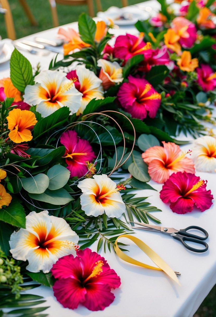 A table scattered with vibrant hibiscus blooms, foliage, and floral wire. A pair of scissors and ribbon lay nearby, ready for assembling into a stunning wedding bouquet