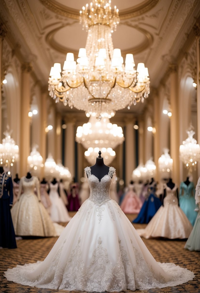 A grand ballroom filled with opulent fabrics, delicate lace, and sparkling jewels, showcasing regal wedding dress designs fit for a Crown Princess