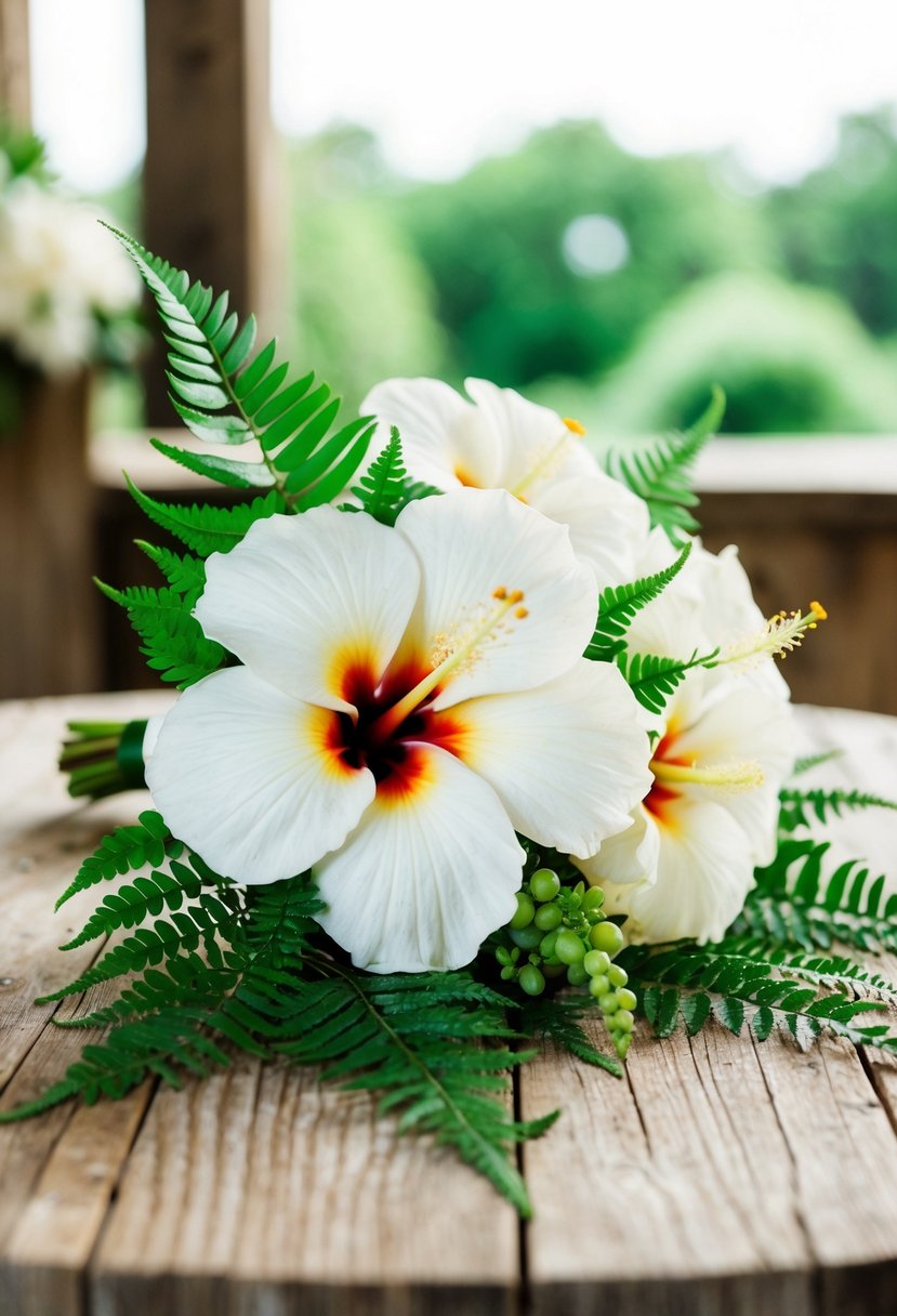 A classic white hibiscus and ferns wedding bouquet resting on a rustic wooden table