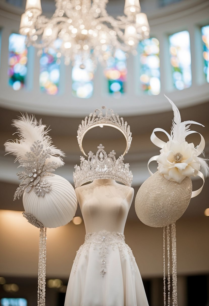 A grand display of elegant fascinators and sparkling tiaras adorning a regal wedding gown