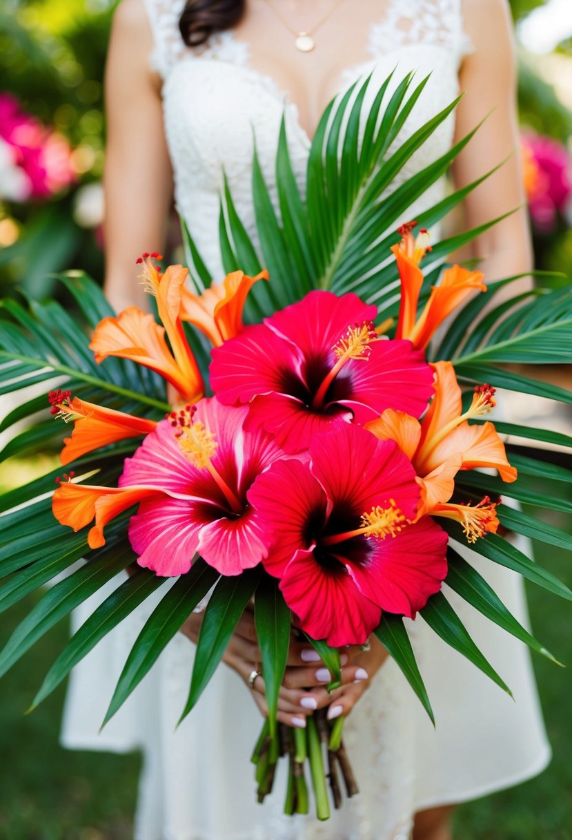 Vibrant hibiscus flowers arranged with lush palm leaves in a tropical wedding bouquet