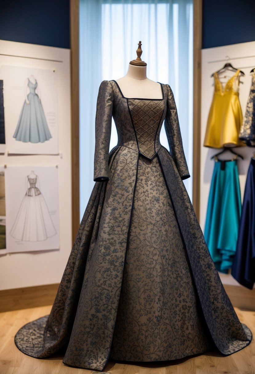 A grand Tudor-inspired gown displayed on a mannequin, surrounded by sketches and fabric swatches