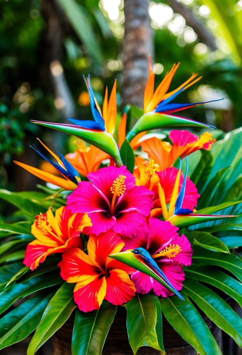 A vibrant bouquet of hibiscus and birds of paradise, bursting with tropical colors and lush greenery