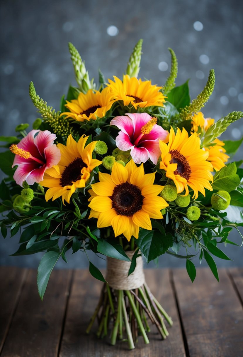 A vibrant bouquet of hibiscus and sunflowers, intertwined with lush greenery, arranged in a rustic, elegant style