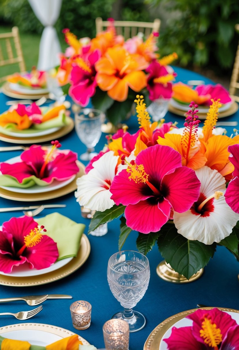 A table adorned with vibrant hibiscus flowers in various arrangements, including a stunning wedding bouquet