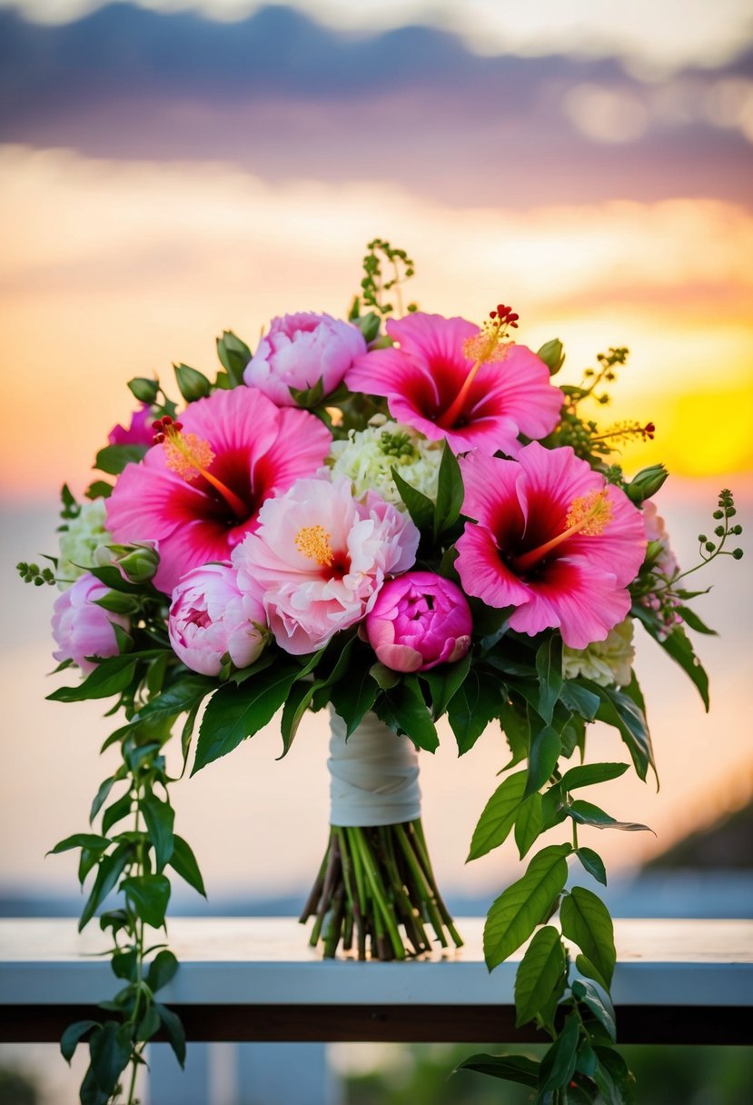 A lush bouquet of vibrant hibiscus and delicate peonies, entwined with trailing greenery, set against a dreamy sunset backdrop