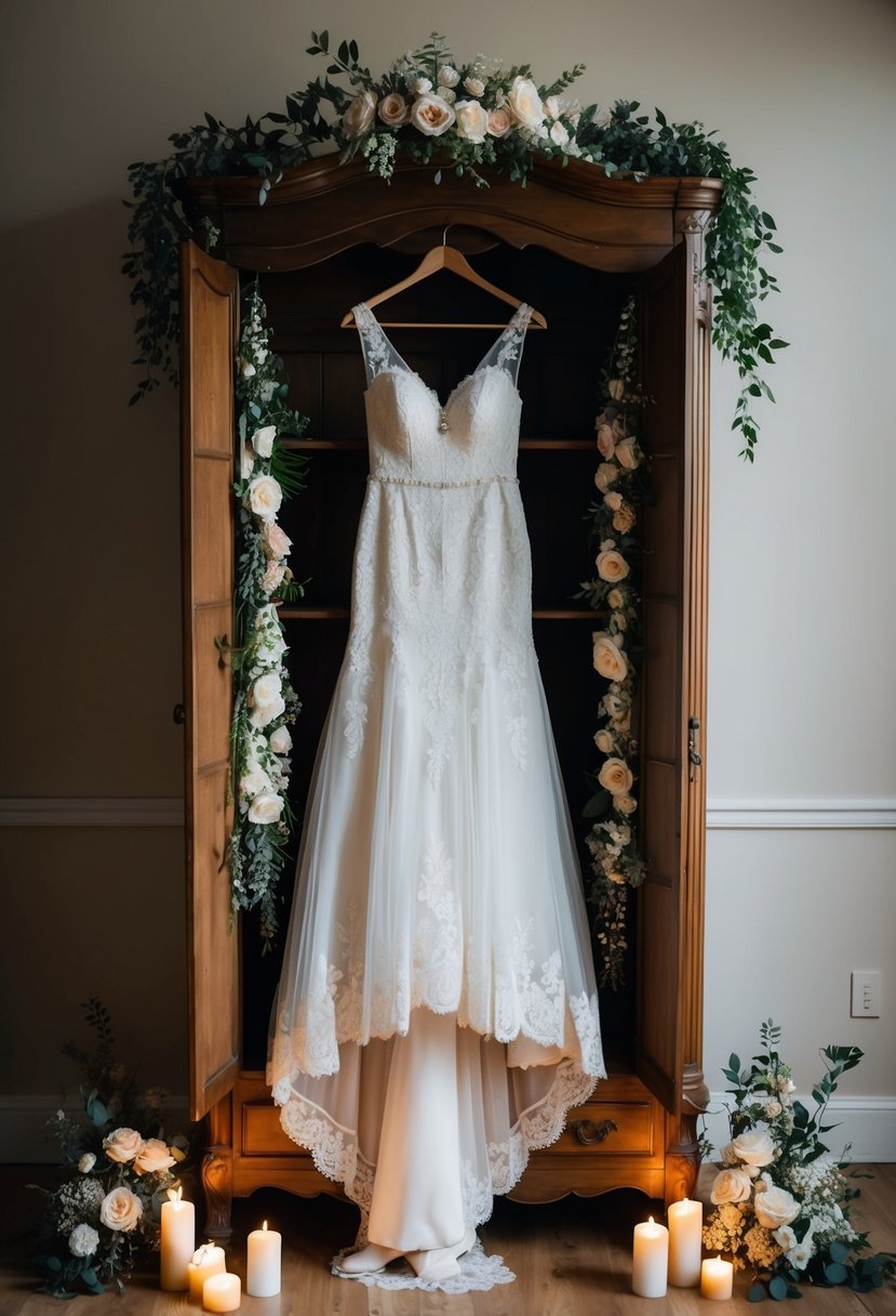 A flowing, lace-trimmed wedding gown hangs from a vintage armoire, surrounded by soft candlelight and delicate floral arrangements