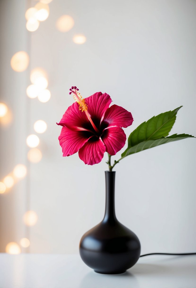 A single hibiscus flower in a sleek vase against a white backdrop