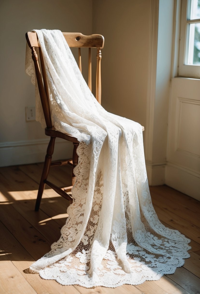 A lace A-line gown drapes over a vintage wooden chair in a sunlit room, casting delicate shadows on the floor