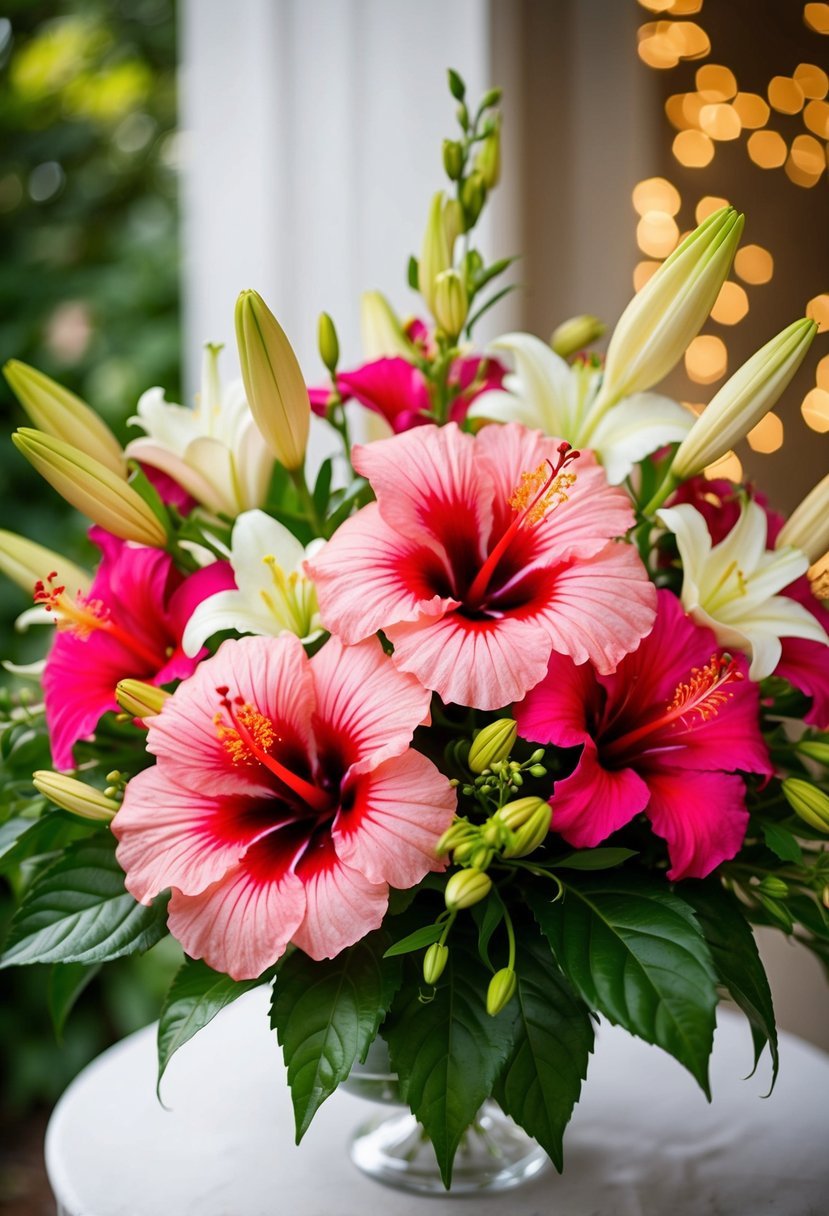 A lush bouquet of vibrant hibiscus and delicate lilies, arranged in a graceful and elegant pairing