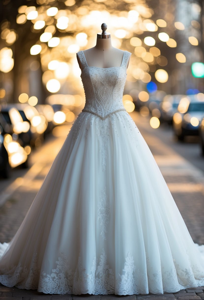 A ballgown with a square neckline cascades to the floor, adorned with delicate lace and intricate beading