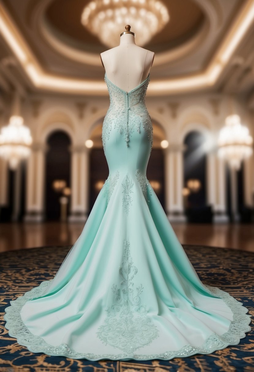 A mermaid dress with a long train flowing behind, adorned with intricate lace and delicate beading, set against a backdrop of a grand and opulent ballroom