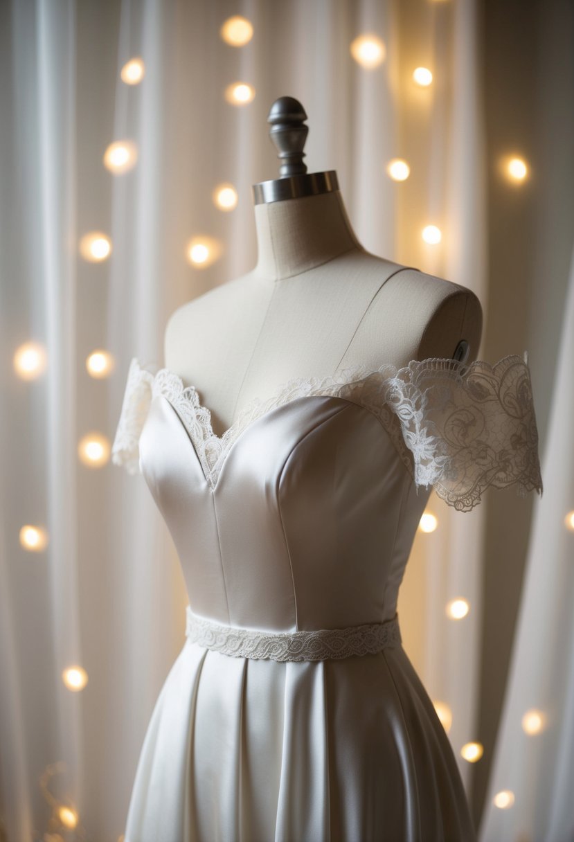 A flowing off-shoulder satin dress on a mannequin, surrounded by soft lighting and delicate lace details