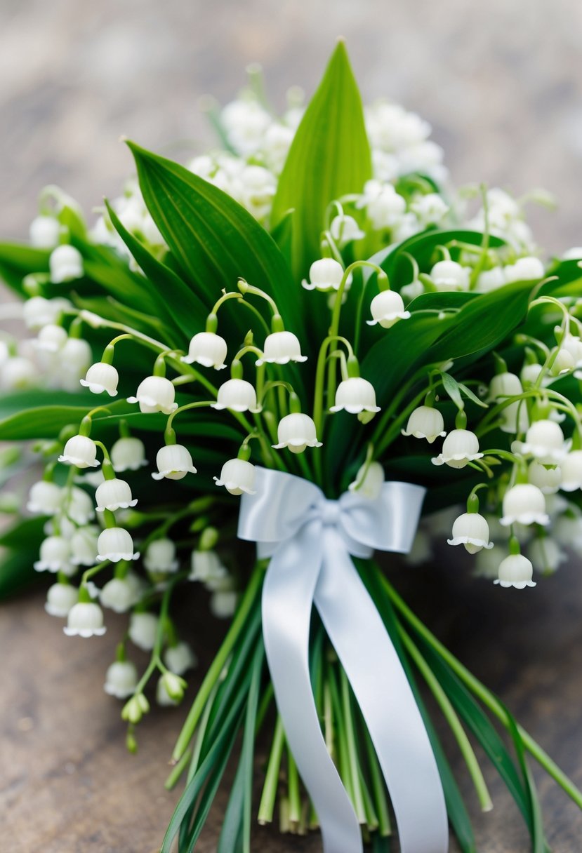 A delicate lily of the valley bouquet with cascading greenery and white ribbon