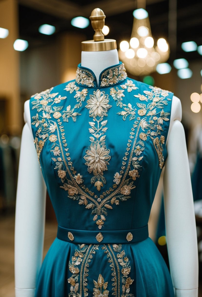 An ornate, high-neckline embroidered dress displayed on a mannequin