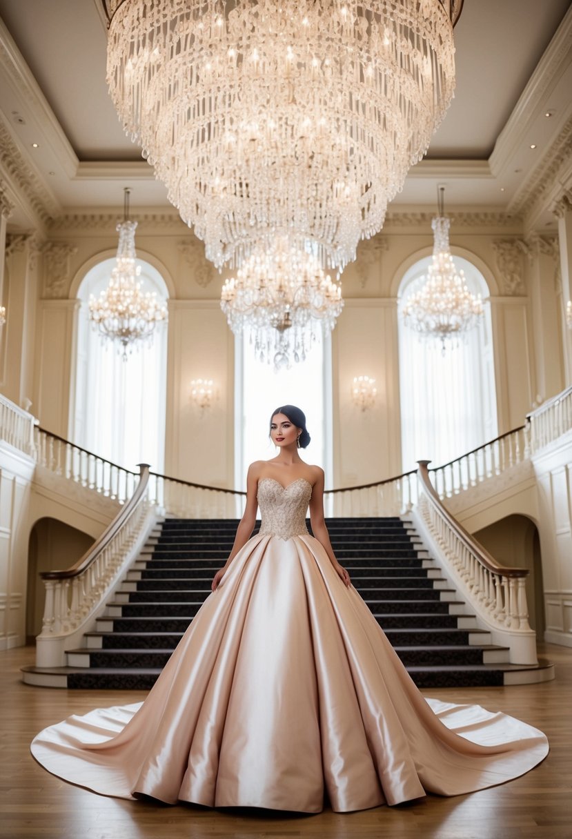 A grand ballroom with cascading chandeliers and a sweeping staircase, showcasing a luxurious strapless silk ballgown